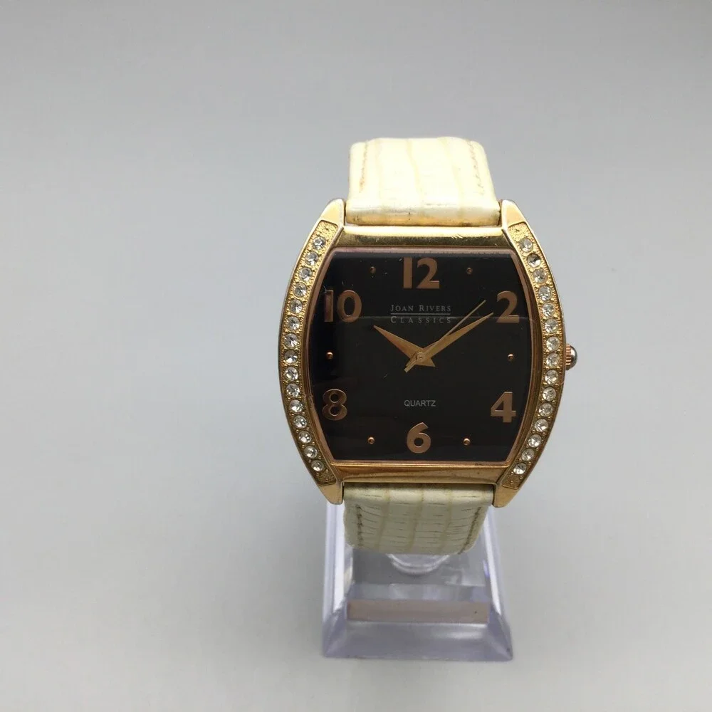 Joan Rivers Womens Watch 41mm Black Dial Gold Case White Leather 4377
